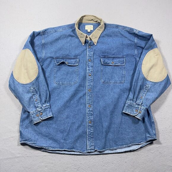 Cabelas Denim Shirt Mens 3XL Button Up Long Sleeve Workwear Blue Elbow Patches - Picture 1 of 12